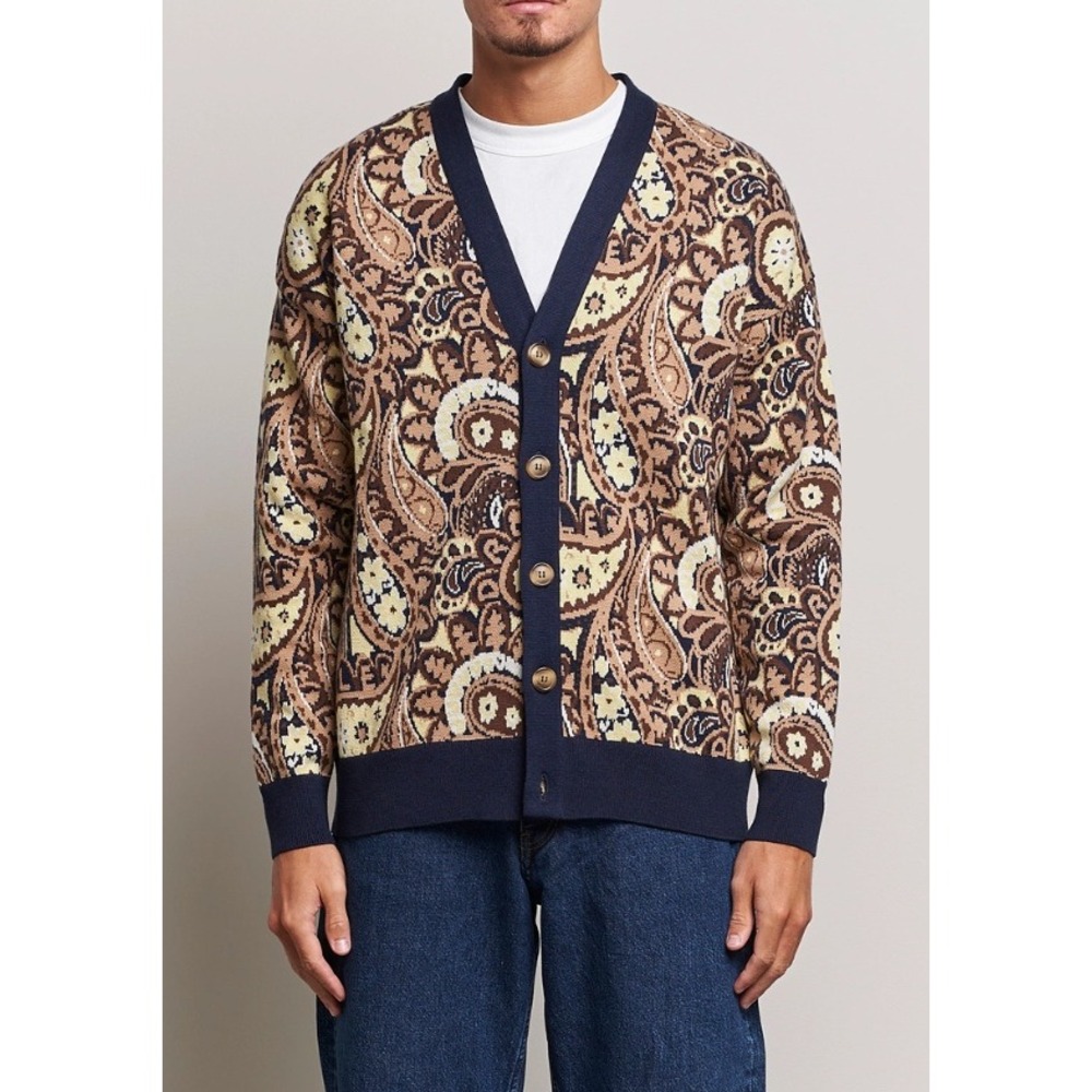 Drole de Monsieur Mens Paisley Jacquard Cardigan Navy Brown Merino Wool Small